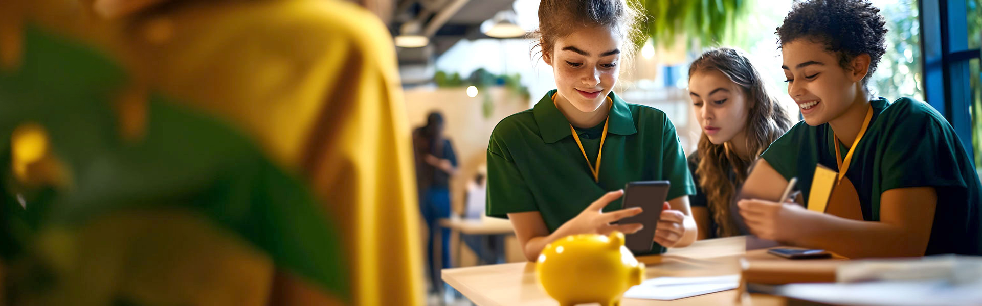 Jugendliche mit Smartphones sitzen am Tisch