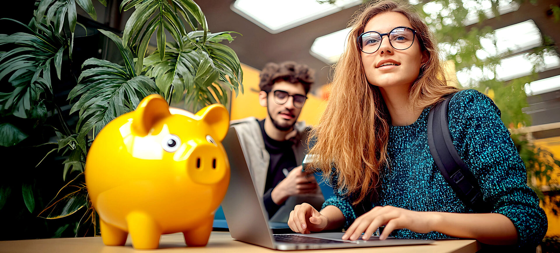 Junge Frau mit Laptop und Sparschwein