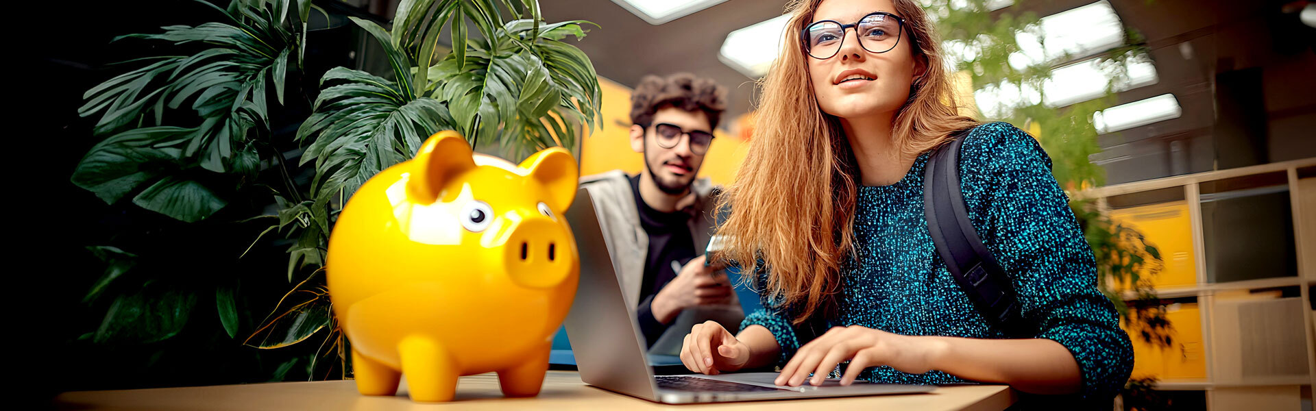 Junge Frau mit Laptop und Sparschwein